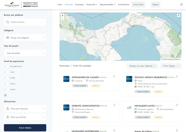 En el portal Empleos Panamá podrás encontrar varias convocatorias de trabajo vigentes. Foto: Captura/Empleos Panamá.