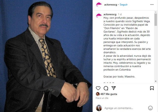  Sigifredo Vega, reconocido actor colombiano: Foto: Captura de pantalla/Instagram   