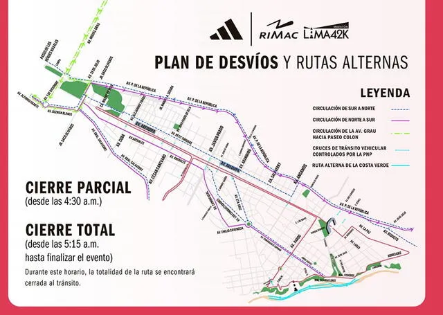 Desvíos y rutas alternas durante la Maratón Lima 42K 2025. Foto: Municipalidad de Miraflores. Desvíos y rutas alternas durante la Maratón Lima 42K 2025. Foto: Municipalidad de Miraflores.
