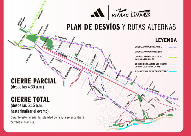 Plan de desvíos y rutas alternas en Maratón 42K Lima