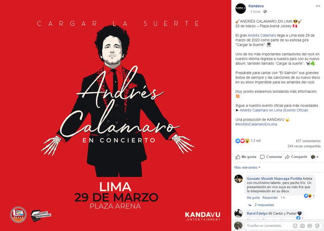 Andrés Calamaro dará concierto en Perú el 2020