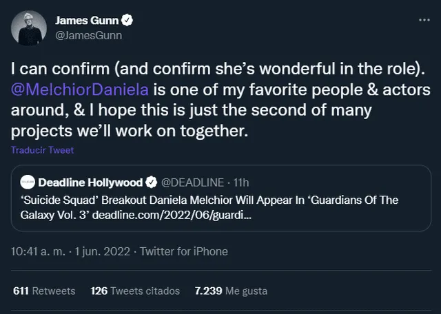 James Gunn, Daniela Melchior. Foto: captura Twitter