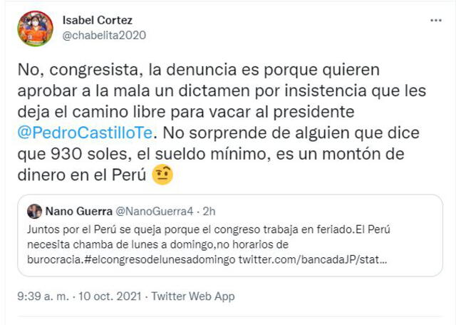 Isabel Cortez responde cuestionamientos de Nano Guerra en Twitter. Foto: Captura / Twitter