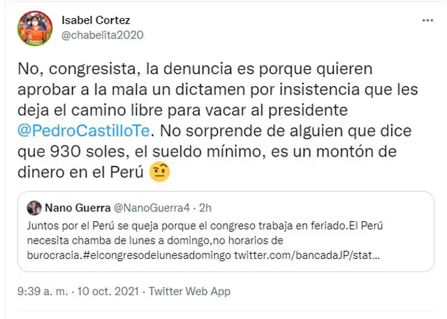 Isabel Cortez responde cuestionamientos de Nano Guerra en Twitter. Foto: Captura / Twitter