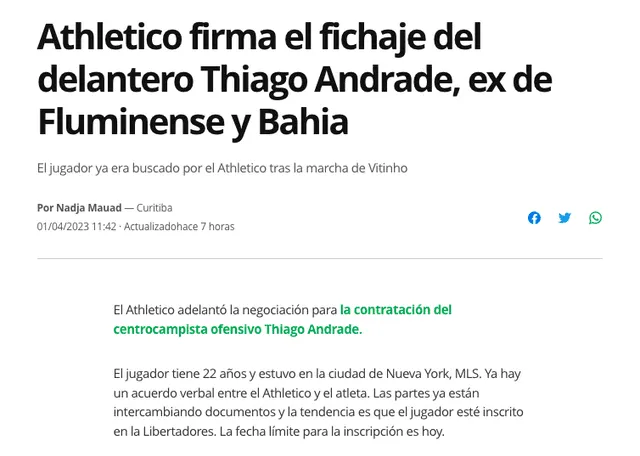 Fichaje de Thiago Andrade por Atlético Paranaense. Foto: captura web /Ge.globo   
