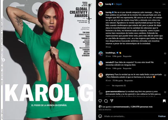 Karol G compartió la portada en la que denuncia exceso de retoque fotográfico. Foto: captura de Instagram/Karol G   