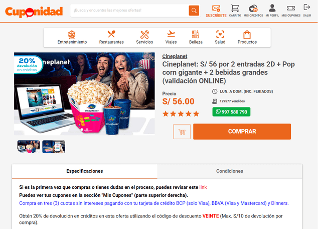  La oferta de Cuponidad es válida para todos los Cineplanet. Foto: Cuponidad   