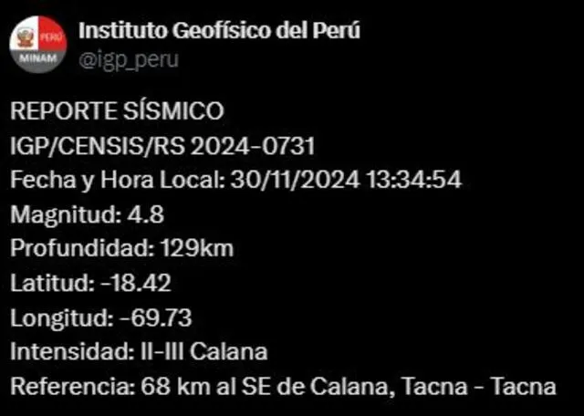  Temblor de este 30 de noviembre se registró en Calana, Tacna. Foto: IGP/X    