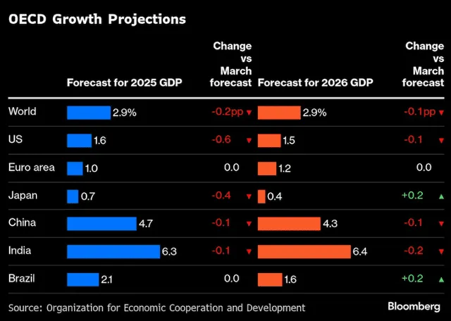  Proyección de crecimiento mundial y por país según la OCDE. Foto: Bloomberg   