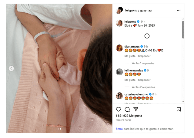 Con esta post de Instagram, los cantantes dieron la bienvenida a su primera hija en medio de diversos comentarios de alegría y felicidad. Foto: Instagram