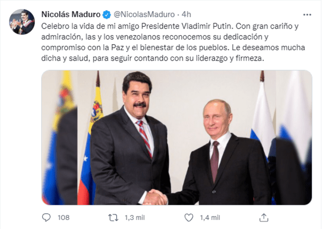 Maduro reconoció el compromiso y dedicación por la paz de Putin. Foto: captura de Twitter/@NicolasMaduro