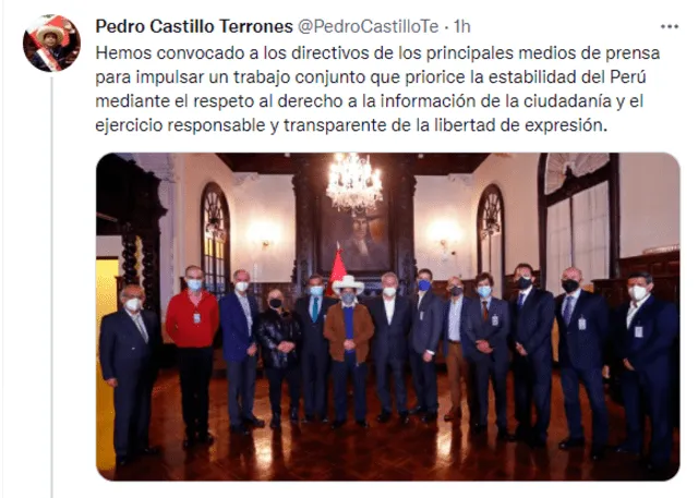 Pedro Castillo junto a directivos de distintos medios de comunicación. Foto: Captura Twitter.
