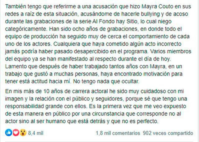 Andrés Wiese niega acusaciones de Mayra Couto. Foto: Captura Facebook.