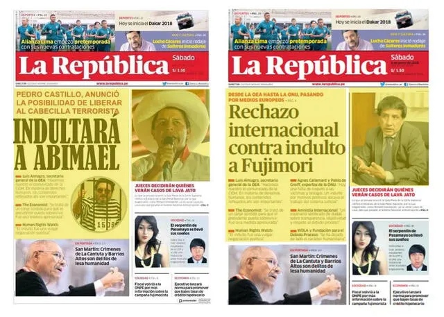 Portada falsa de La República versus la original. Foto: composición LR.