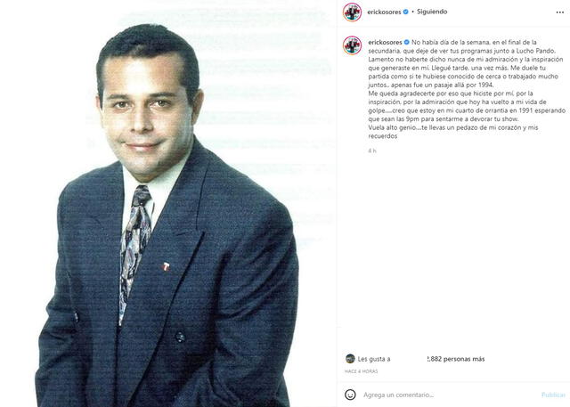 Erick Osores se despidió de Alex Rissi en Instagram.