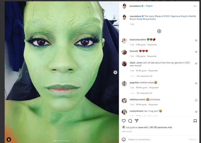 Zoe Saldana comparte imágenes con su maquillaje de Gamora. Foto: captura Instagram