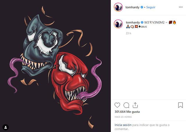 Tom Hardy comparte las caras de Venom y Carnage. Foto: Instagram