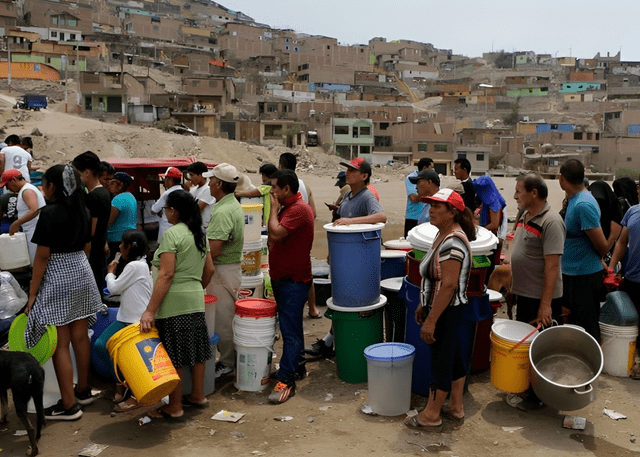 En Perú, algunos ciudadanos forman colas para llevar agua a sus casas. Foto: UPC   