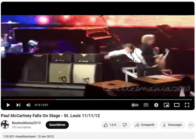  Caída de McCartney en concierto del 2012. Foto: captura en Youtube / Beatles Mania 2010.<br><br>    