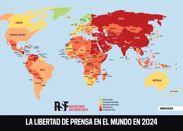 Clasificación Mundial de la Libertad de Prensa RSF 2024: El periodismo, bajo las presiones políticas. Foto: RSF   