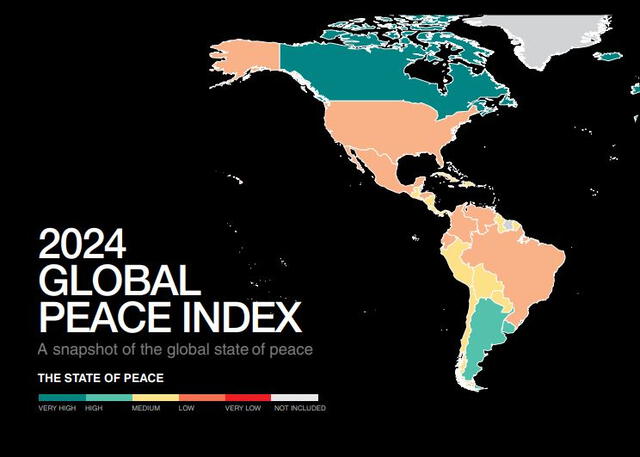 Deterioro de la paz global: El índice de paz ha caído por doceavo año consecutivo, reflejando una tendencia global de aumento en conflictos y tensiones en distintos países. Foto: Global Peace Index 2024   