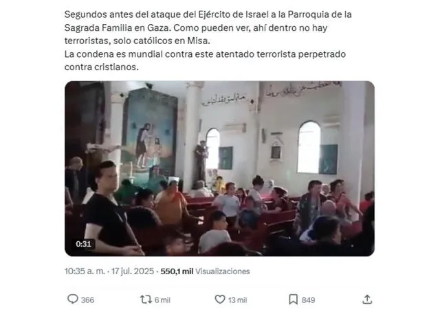 <em>Desinformación sobre el reciente ataque de Israel a la única iglesia católica de Gaza. Foto: captura de X</em>   