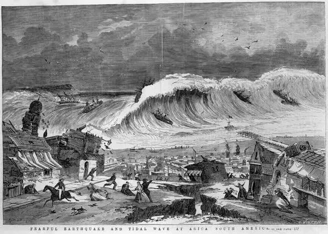  Representación del terremoto de 1868 en Chile grabado en madera. Foto: The Illustrated Melbourne Post.   