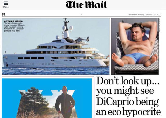 Artículo del Daily Mail criticando a Leonardo DiCaprio por usar yate poco amigable para el ambiente.