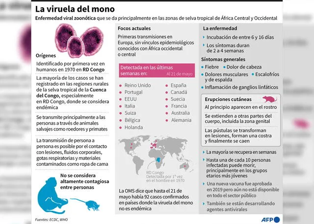 Viruela de la mono: información actualizada sobre la enfermedad que se ha reportado en varios países de Europa hasta ahora. Infografía: AFP