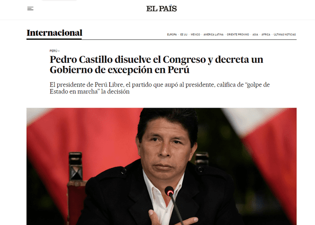 Así informó la prensa internacional sobre la disolución del Congreso en Perú. Foto: captura El País