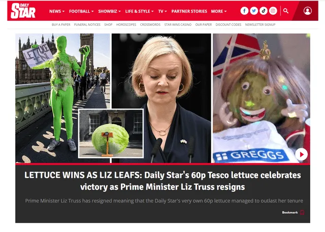 Portada del medio Británico Daily Star del 20 de octubre de 2022, tras la renuncia de Liz Truss. Foto: Daily Star/ captura