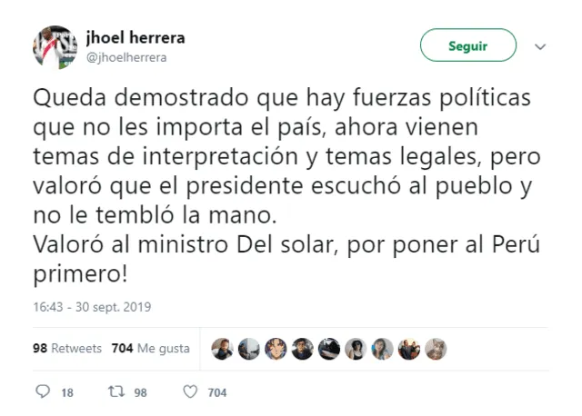 Jhoel Herrera acostumbra expresar sus opiniones sobre política por medio de su cuenta de Twitter.