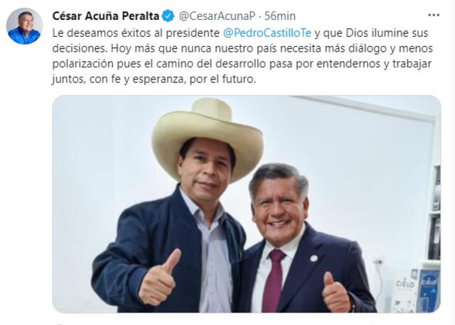 César Acuña saludó al presidente electo mediante su cuenta de Twitter. Foto: captura