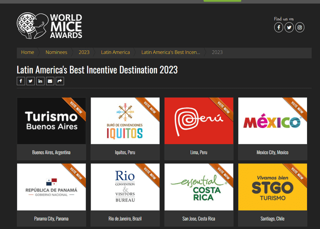  Así es el portal en el que podrás votar por Iquitos. Foto: World MICE Awards   