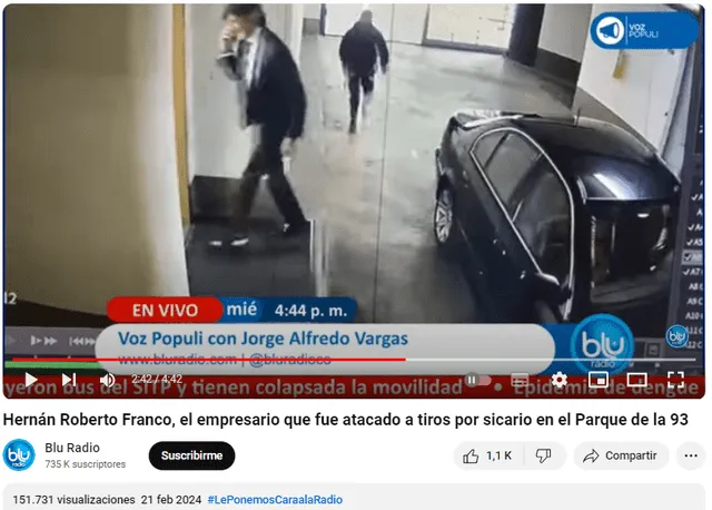  Imágenes de cuando un sicario disparó contra un empresario en Colombia, según Blu Radio. Foto: captura en Youtube / Blu Radio.    
