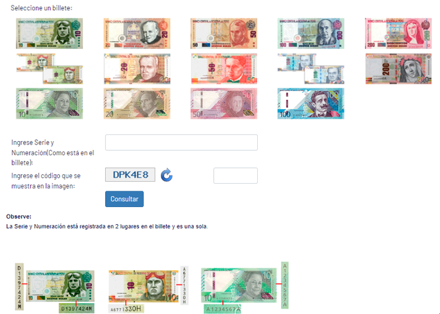 Página web del BCRP para verificar mediante el número de serie aquellos billetes falsos. Foto: BCRP   