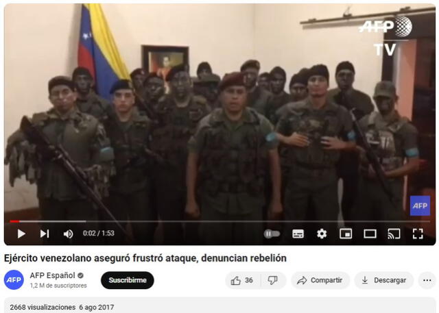  Video de la sublevación de los militares venezolanos fue publicado en 2016. Foto: captura en YouTube / AFP.    