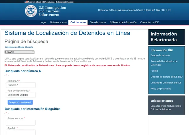 Luego de ingresar para buscar a un inmigrante detenido por ICE te aparecerá esta opción. Foto: Captura de pantalla de sitio web del Departamento de Seguridad Nacional de EE. UU. Luego de ingresar para buscar a un inmigrante detenido por ICE te aparecerá esta opción. Foto: Captura de pantalla de sitio web del Departamento de Seguridad Nacional de EE. UU.