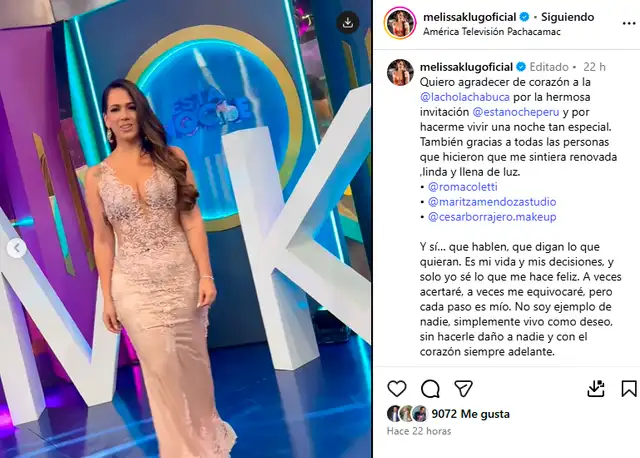 Melissa Klug también respondió a críticas sobre su decisión de someterse a cirugías, afirmando que vive su vida sin dañar a otros y agradeciendo el apoyo recibido de amigos y fans. Foto: Instagram   