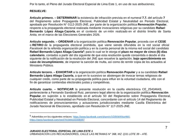  Decisión del Jurado Electoral Especial sobre Rafael López Aliaga y Renovación Popular   