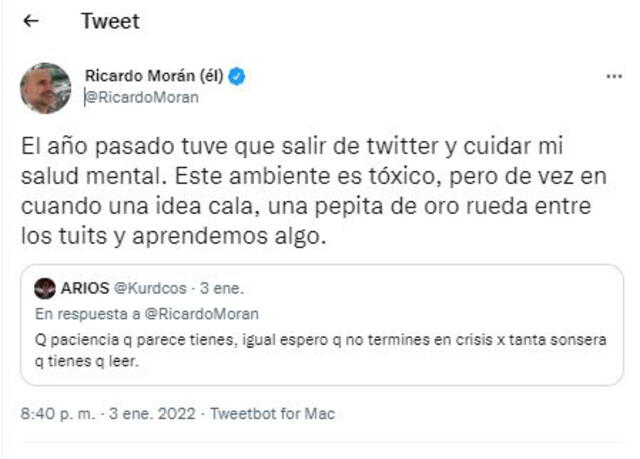 Ricardo Morán revela por qué se fue de Twitter. Foto: Ricardo Morán/Twitter