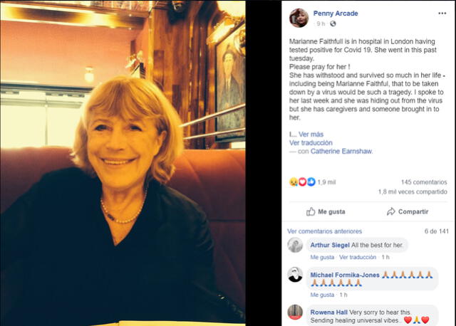 La publicación en Facebook acerca de la salud de Marianne Faithfull que realizó Penny Arcade.