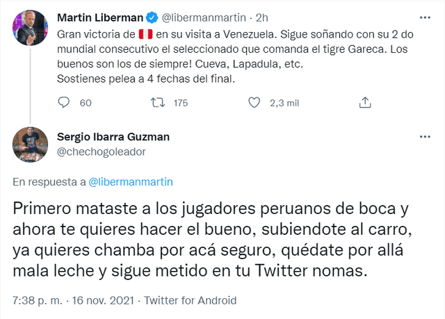 'Checho' Ibarra y el cruce de palabras con Martín Liberman en Twitter. Foto: captura Twitter