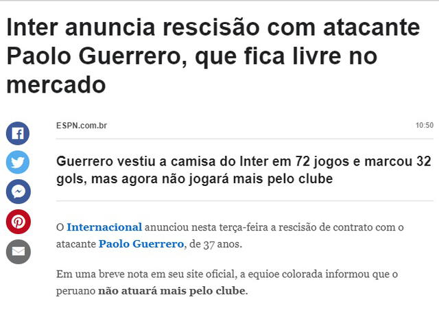 Así informó la prensa brasileña sobre Paolo Guerrero. Foto: ESPN