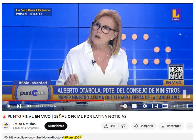  Programa en vivo de Punto Final con fecha 15 de enero de 2023. Foto: captura en Youtube / Latina Noticias.    