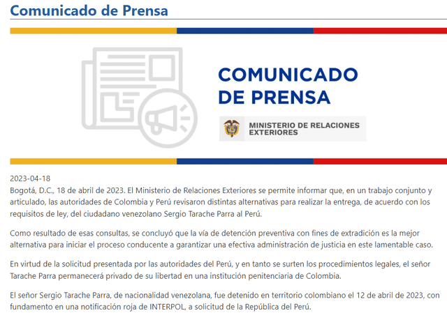 Comunicado del ministerio de Relaciones Exteriores de Colombia. Foto: Cancillería de Colombia   