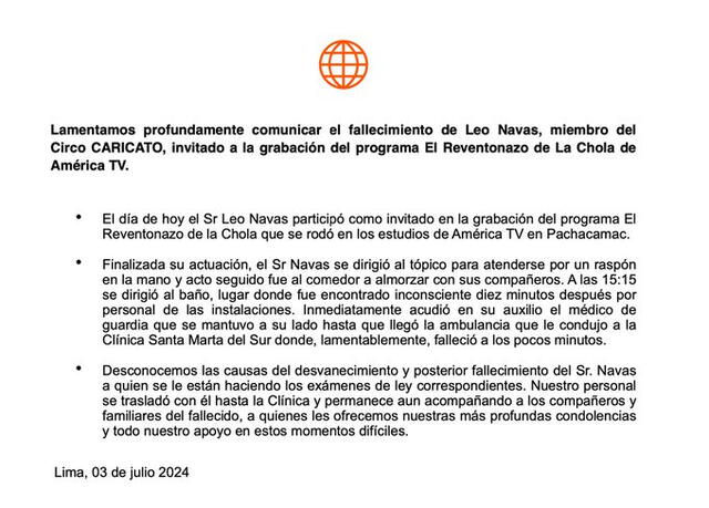 América TV reiteró las condolencias por fallecimiento de artista. Foto: Instagram/América TV   