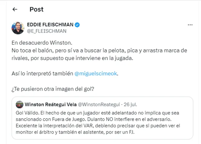 Publicación de Eddie Fleischman tras postura de Winston Reátegui sobre el segundo gol de Universitario. Foto: captura X   