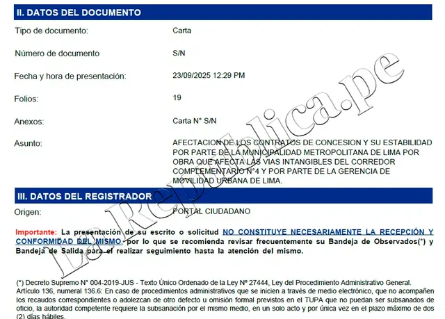 Carta enviada por el Corredor Complementario a ATU. Foto: LR   