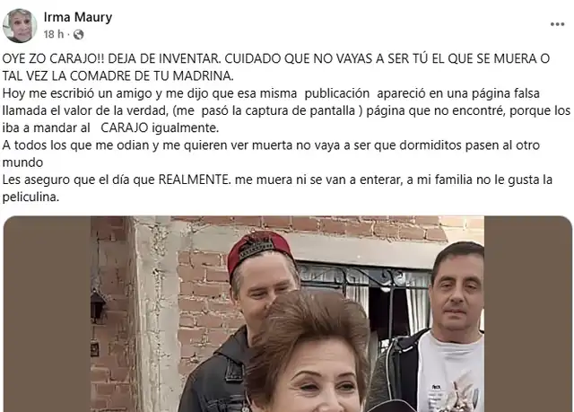  Irma Maury responde tras rumores de su muerte. Foto: captura Facebook   